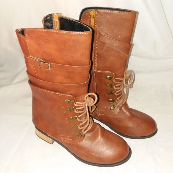 Brown Zip Up Lace Up Faux Leather Combat Moto Style Boots Women's Sz 37 US 6 EUC - Picture 3 of 14